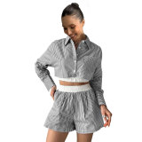 Fashion Casual Women Summer Striped Long Sleeve Shirt Elastic Waist Shorts Two-Piece Set