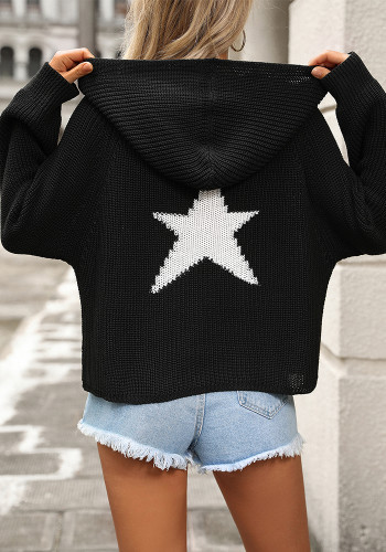 Women Autumn Winter Pullover Hooded Knitting Shirt Pocket Long Sleeve Five-Pointed Star Sweater