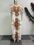 African Printed Hooded Short-Sleeved Split Loose Long Dress