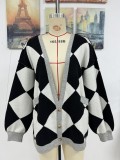 Women Autumn Winter V-Neck Diamond Patchwork Contrast Color Loose Knitting Cardigan Sweater