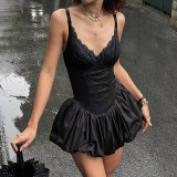 Women Sexy Solid Color V-Neck Lace Patchwork Slim Waist A-Line Strap Dress