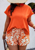 Plus Size Women's Round Neck Short Sleeve Printed Two Piece Shorts Set