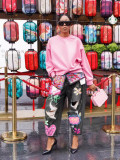 Fashion Beaded Print Cut Denim Pants