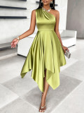 Summer Women Solid Slash Shoulder irregular dress