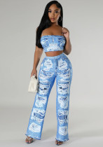 Sexy Fashion Print Strap Top Slim Flared Trousers Two-Piece Set