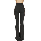 Women Sexy Solid Hollow Out Bell Bottom Pants