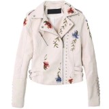 Women Embroidered Rivet Pu-Leather Long Sleeve Coat