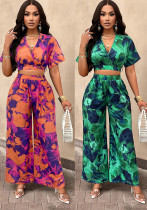 Spring Summer Women's Sexy Floral Print V-Neck Short Sleeve Crop Top Wide Leg Pants Two Piece Set For Women