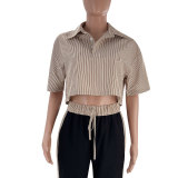 Women's Fashion Casual Summer Striped Shirt Top Loose Straight Pants Two Piece Set