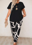 Summer Plus Size Women's Round Neck Short Sleeve Printed Two-Piece Pants Set