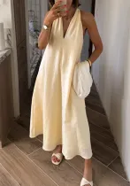 Summer V-Neck Sleeveless Pocket Loose Women Dress