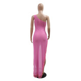 Sexy Solid Color Beaded Slash Shoulder Tassel Irregular Dress For Women