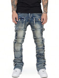 Men's Elastic Patch Denim Cargo Straight Pants