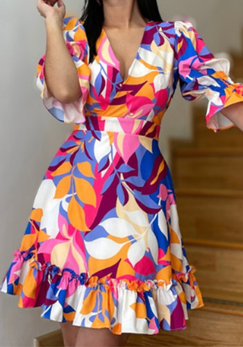 Summer Women's Print Elegant V-Neck Fashion Ruffle Dress