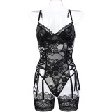 Lace Patchwork Sexy Lace-Up Strap Bodysuit Garter Sexy Lingerie Set