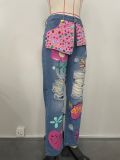 Fashion Beaded Print Cut Denim Pants