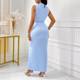 Spring Summer Women's Solid Color Sleeveless Vest Slit Long Skirt Two Piece Set For Women