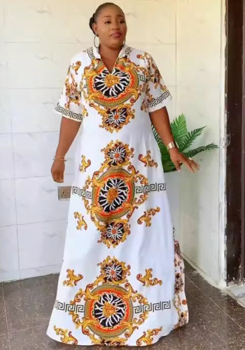 African Printed Hooded Short-Sleeved Split Loose Long Dress