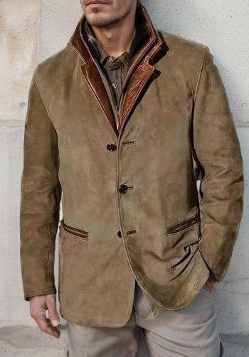 Spring Autumn Men's Fashion Retro Casual Jacket Turndown Collar Patchwork Contrasting Coat