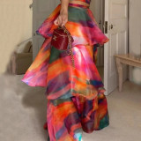 Women Summer Print Round Neck Sleeveless Puffy Cascading Ruffles Dress