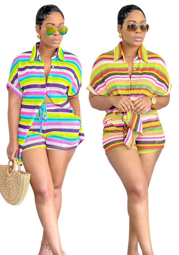 Fashion Casual Summer Striped Women Two-Piece Shorts Set