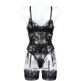 Lace Patchwork Sexy Lace-Up Strap Bodysuit Garter Sexy Lingerie Set