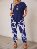 Summer Plus Size Women's Round Neck Short Sleeve Printed Two-Piece Pants Set