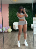 Summer Women's Solid Color Sport Tight Fitting Crop Top Shorts Two Piece Set