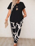 Summer Plus Size Women's Round Neck Short Sleeve Printed Two-Piece Pants Set