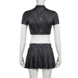 Sexy Women's Tie-Dye Print Short-Sleeved Lace-Up Crop Top Pleated A-Line Skirt Casual Two-Piece Set