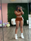 Summer Women's Solid Color Sport Tight Fitting Crop Top Shorts Two Piece Set