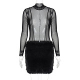 Women autumn sexy mesh See-Through Bodysuits and Furry skirt two-piece set