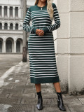 Fashion Autumn Winter Women Knitting Striped Casual Long Dress