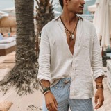 Autumn Men's Solid Linen Loose Casual Turndown Collar Long Sleeve Beach Shirt