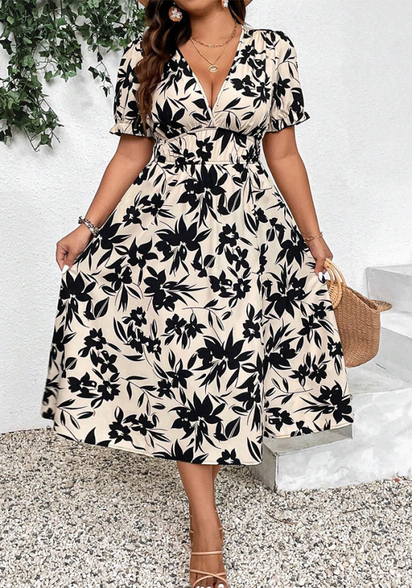 Plus Size Women's V-Neck High Waist Printed Dress