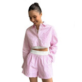 Fashion Casual Women Summer Striped Long Sleeve Shirt Elastic Waist Shorts Two-Piece Set