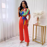 Women's Spring Summer Printed Slash Shoulder Top Solid Pants Two Piece Set