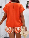 Plus Size Women's Round Neck Short Sleeve Printed Two Piece Shorts Set