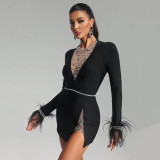 Women Sexy Mesh Diamond Feather Long Sleeve Party Bandage Dress