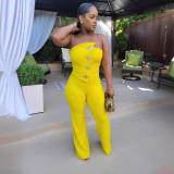 Strapless Solid Color Button Wide-Leg Jumpsuit