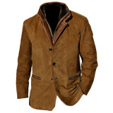 Spring Autumn Men's Fashion Retro Casual Jacket Turndown Collar Patchwork Contrasting Coat