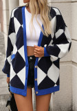 Women Autumn Winter V-Neck Diamond Patchwork Contrast Color Loose Knitting Cardigan Sweater