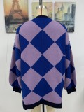 Women Autumn Winter V-Neck Diamond Patchwork Contrast Color Loose Knitting Cardigan Sweater