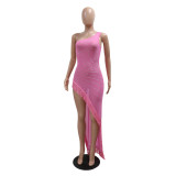 Sexy Solid Color Beaded Slash Shoulder Tassel Irregular Dress For Women