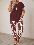Summer Plus Size Women's Round Neck Short Sleeve Printed Two-Piece Pants Set