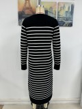 Fashion Autumn Winter Women Knitting Striped Casual Long Dress