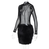 Women autumn sexy mesh See-Through Bodysuits and Furry skirt two-piece set