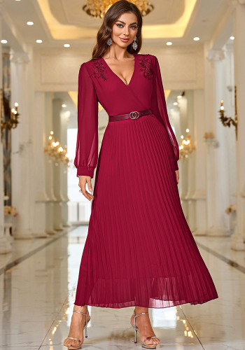 Autumn Winter Sexy Long Sleeve Pleated Belted Elegant Long Dress