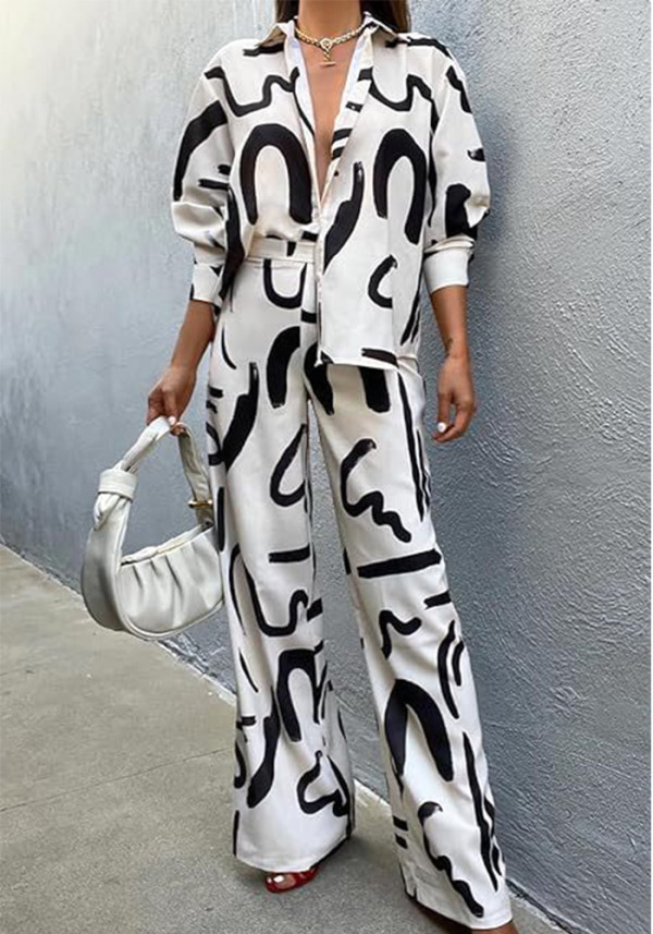 Fashion Print Casual Shirt Wide-Leg Pants Two-Piece Set