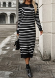 Fashion Autumn Winter Women Knitting Striped Casual Long Dress